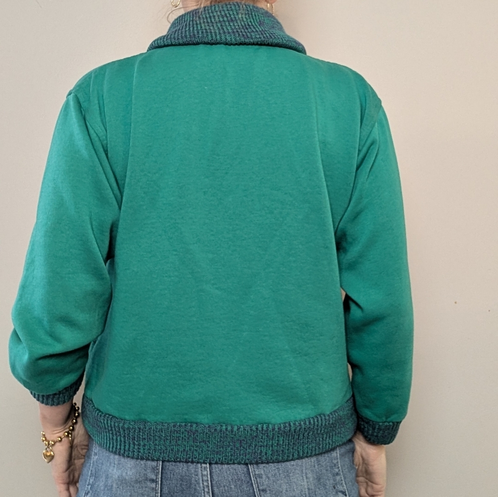 Vintage Lady Footlocker Green Shawl Collar Striped Sweatshirt, Size L - Picture 2 of 10